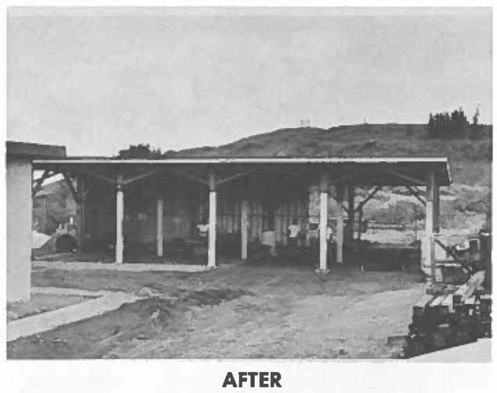 GOVERNMENT ACCOUNTING OFFICE (GAO) PLEAS-E NOTE: Battery "B" 1st Missile Battalion, needed a motor pool shed in which they could adequately perform maintenance on assigned vehicles. Because no money was available lo construct facilities, unit personnel decided they would build it themselves. Plans, which received OK from Guard and USARHAW, were drawn by PFC Pedro lemasa (fulltime Asst. IFC Operator) and "scouts" scattered in all directions lo scrounge needed materials. Right photo shows SP4 William Asinsen, fulltime wheel vehicle mechanic in charge of project (left) and Pvt Grand l. Hussey, launcher helper who did early foundation work. Thirteen other HNG'men assisted on project during spare time. Shed, located inside fence of launcher Administrative area, was started in August and should be complete in December with pouring of concrete floor.