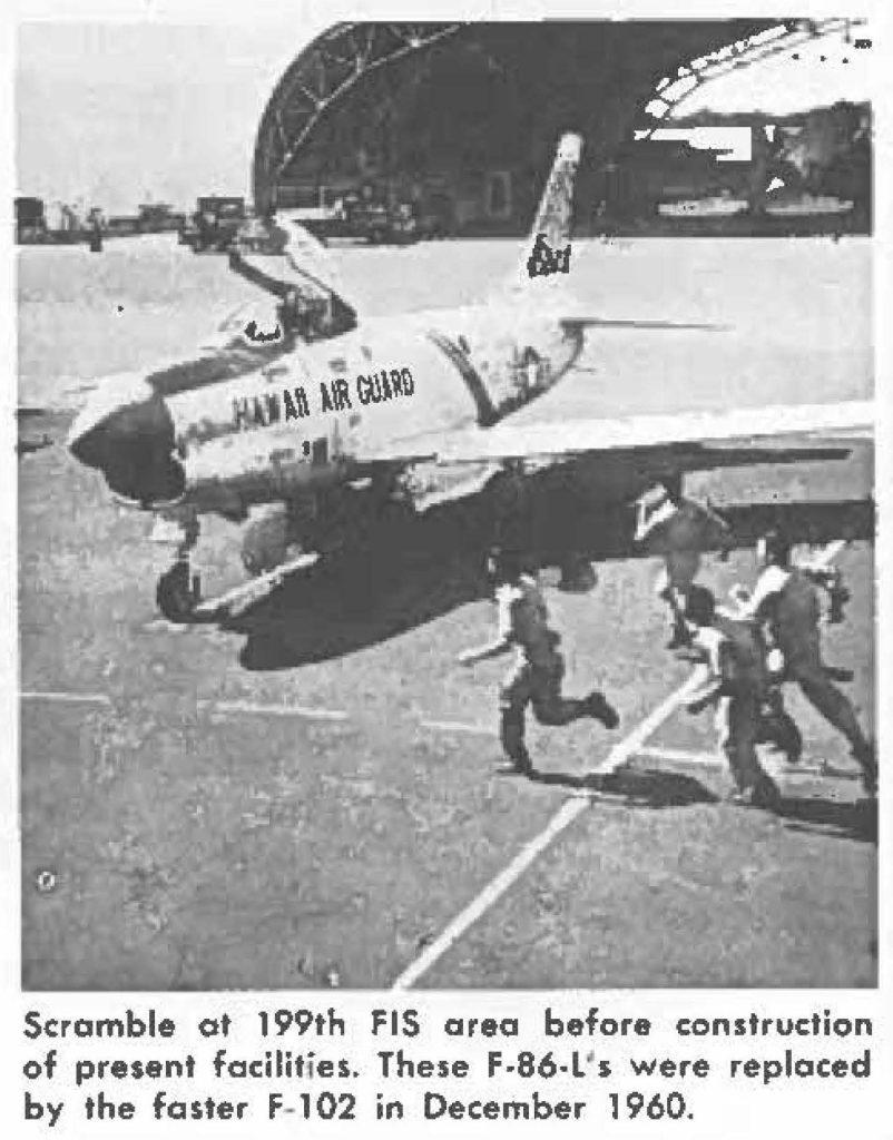 Scramble at 199th FIS area before construction of present facilities. These f-86-L's were replaced by the faster F-102 in December 1960.
