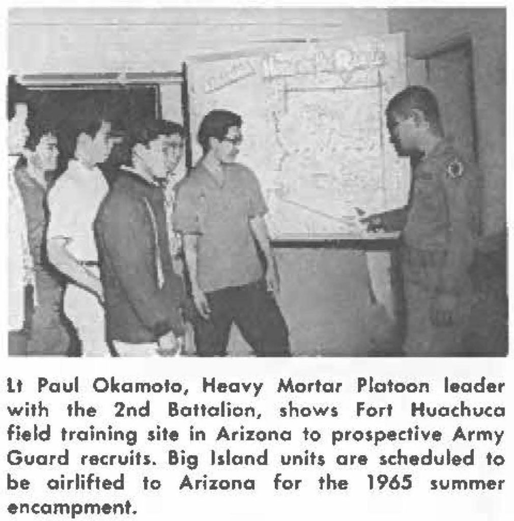 Lt Paul Okamoto, Heavy Mortar Platoon leader with the 2nd Battalion, shows Fort Huachvca field training site in Arizona to prospective Army Guard recruits. Big Island units are scheduled to be airlifted to Arizona for the 1965 summer encampment.