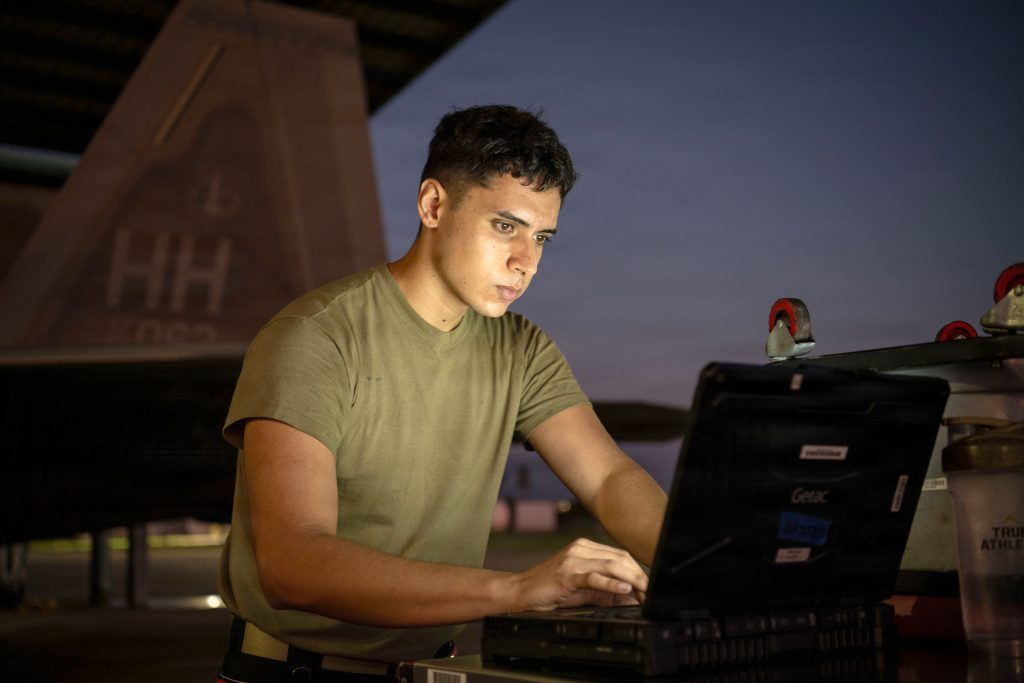 U.S. Air Force Airman First Class Mario Occhiuzzo, 15th Aircraft Maintenance Squadron crew chief, conducted preflight maintenance during the exercise at Joint Base Pearl Harbor-Hickam on Jan. 27. Sentry Aloha 26-1 ran through Jan. 28 and leveraged Hawaii’s unique training environmen (U.S. Air National Guard photos by Senior Master Sgt. Mysti Bicoy)