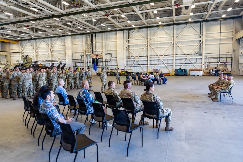 Master Sgt. Clayton Perreira relinquished responsibility of Company B, 2nd Battalion, 211th Aviation Regiment, 103rd Troop Command to 1st Sgt. Kevin Meno during a change of responsibility ceremony in Kalaeloa on Jan. 31, 2026. Distinguished visitors, family, friends and guests attended the event where Meno received the colors from Capt. Zachary Tinao-Rabellizsa, company commander.