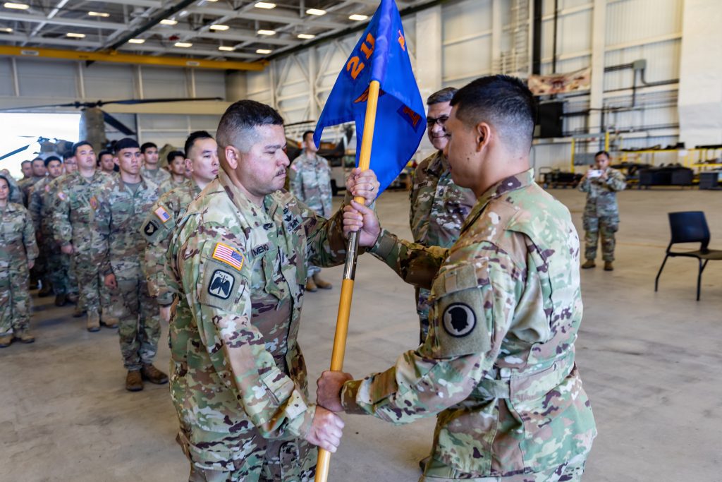 Master Sgt. Clayton Perreira relinquished responsibility of Company B, 2nd Battalion, 211th Aviation Regiment, 103rd Troop Command to 1st Sgt. Kevin Meno during a change of responsibility ceremony in Kalaeloa on Jan. 31, 2026. Distinguished visitors, family, friends and guests attended the event where Meno received the colors from Capt. Zachary Tinao-Rabellizsa, company commander.