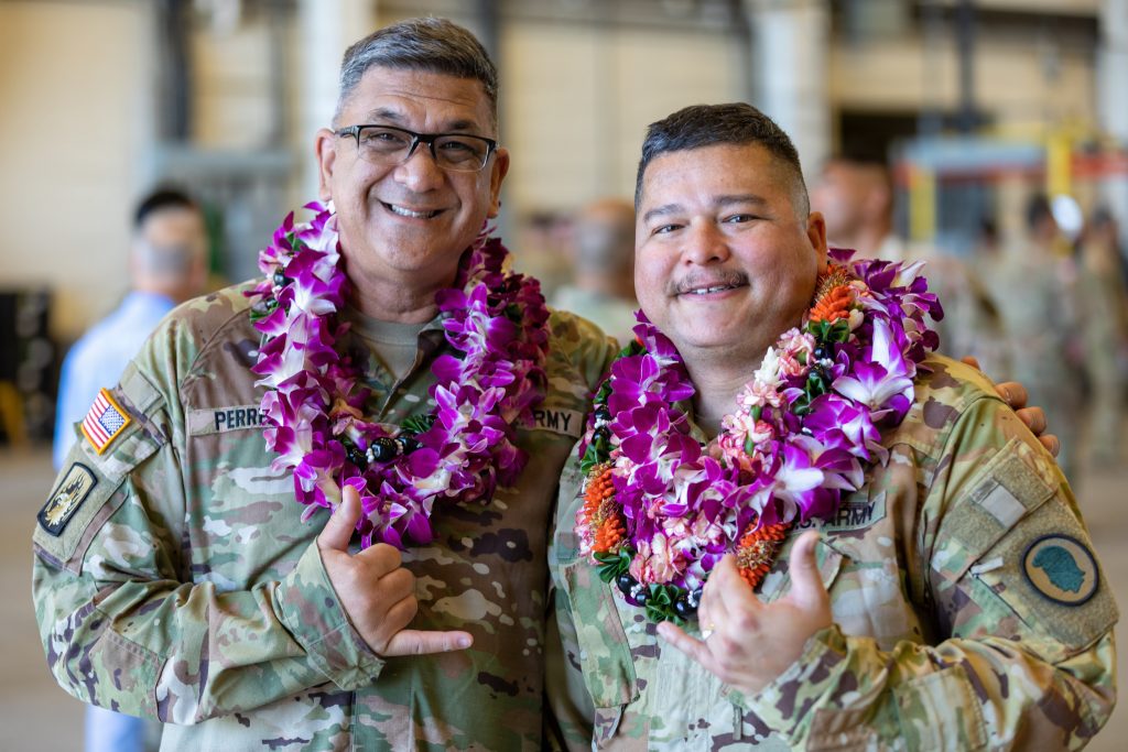 Master Sgt. Clayton Perreira relinquished responsibility of Company B, 2nd Battalion, 211th Aviation Regiment, 103rd Troop Command to 1st Sgt. Kevin Meno during a change of responsibility ceremony in Kalaeloa on Jan. 31, 2026. Distinguished visitors, family, friends and guests attended the event where Meno received the colors from Capt. Zachary Tinao-Rabellizsa, company commander.