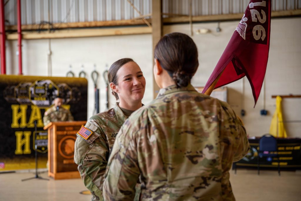 Capt. Sarah-Anne Jordan relinquished command of Detachment 1, Company G, 3rd Battalion, 126th Aviation Regiment (Det 1 Co G 3-126th AVN) to 1st Lt. Alexander Laundree during a change of command ceremony at Wheeler Army Airfield on Feb. 1, 2026. The unit’s mission includes medical resupply, transportation of medical personnel, sling load and rescue hoist operations for supporting units.