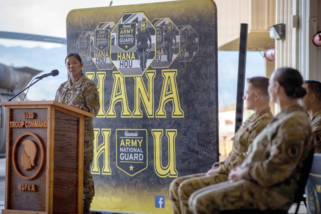 Capt. Sarah-Anne Jordan relinquished command of Detachment 1, Company G, 3rd Battalion, 126th Aviation Regiment (Det 1 Co G 3-126th AVN) to 1st Lt. Alexander Laundree during a change of command ceremony at Wheeler Army Airfield on Feb. 1, 2026. The unit’s mission includes medical resupply, transportation of medical personnel, sling load and rescue hoist operations for supporting units.