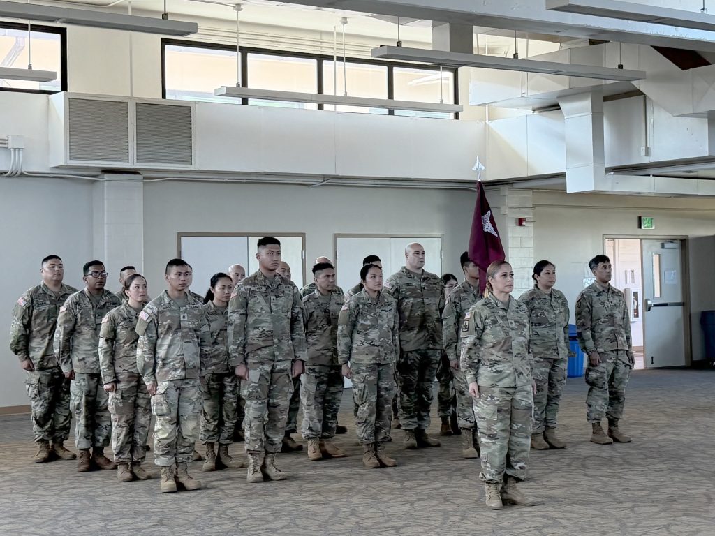 The Hawaiʻi Army National Guard (HIARNG) Hawaiʻi Medical Readiness Detachment (HRMD) stood at formation while receiving the Army Safety Streamer Award. (U.S. Army National Guard photos by Chief Warrant Officer 5 John Yim)