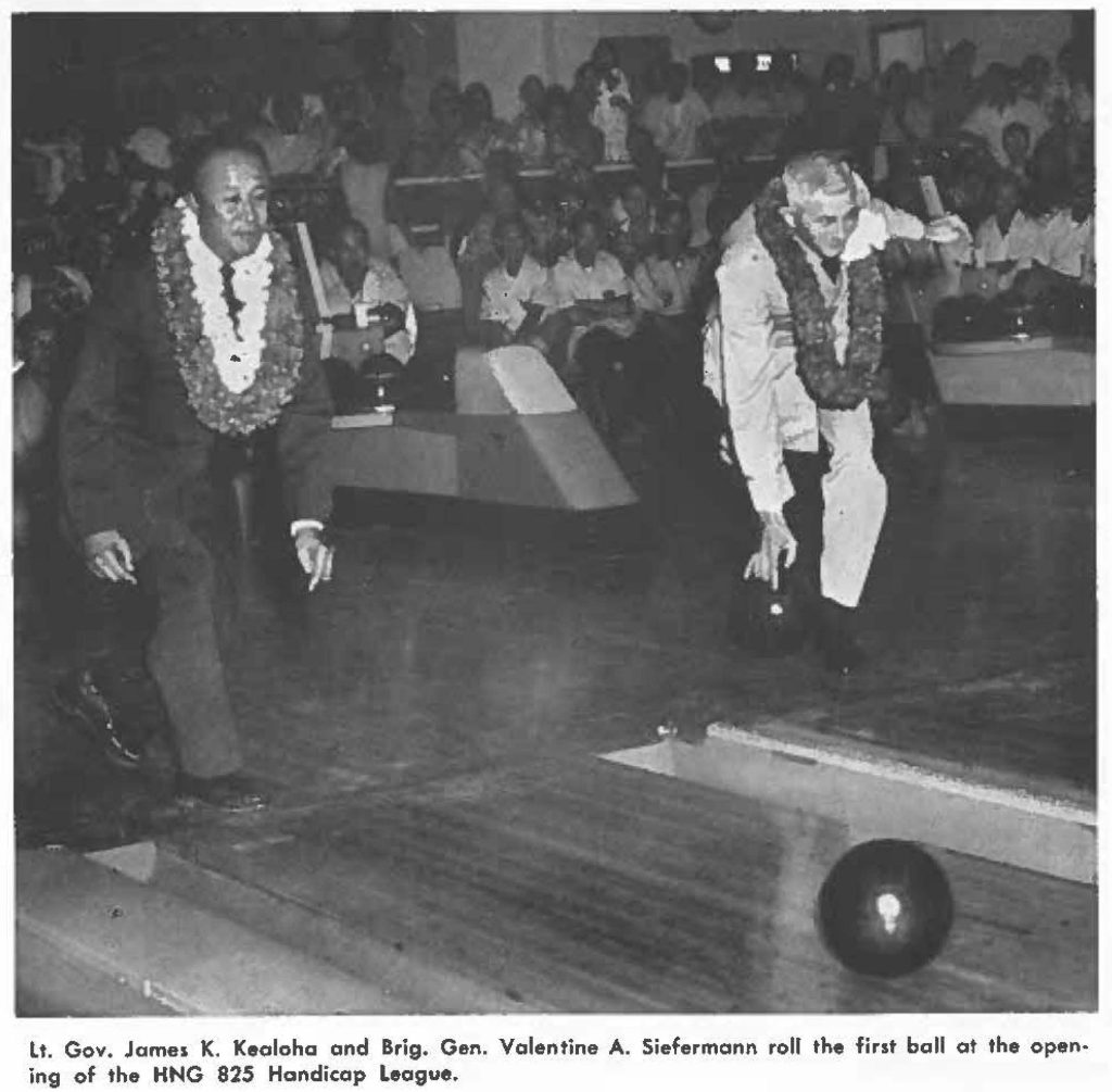 Lt. Gov. James K. Kealoha and Brig. Gen. Valentine A. Siefermann roll the first ball at the opening of the HNG 825 Handicap League.