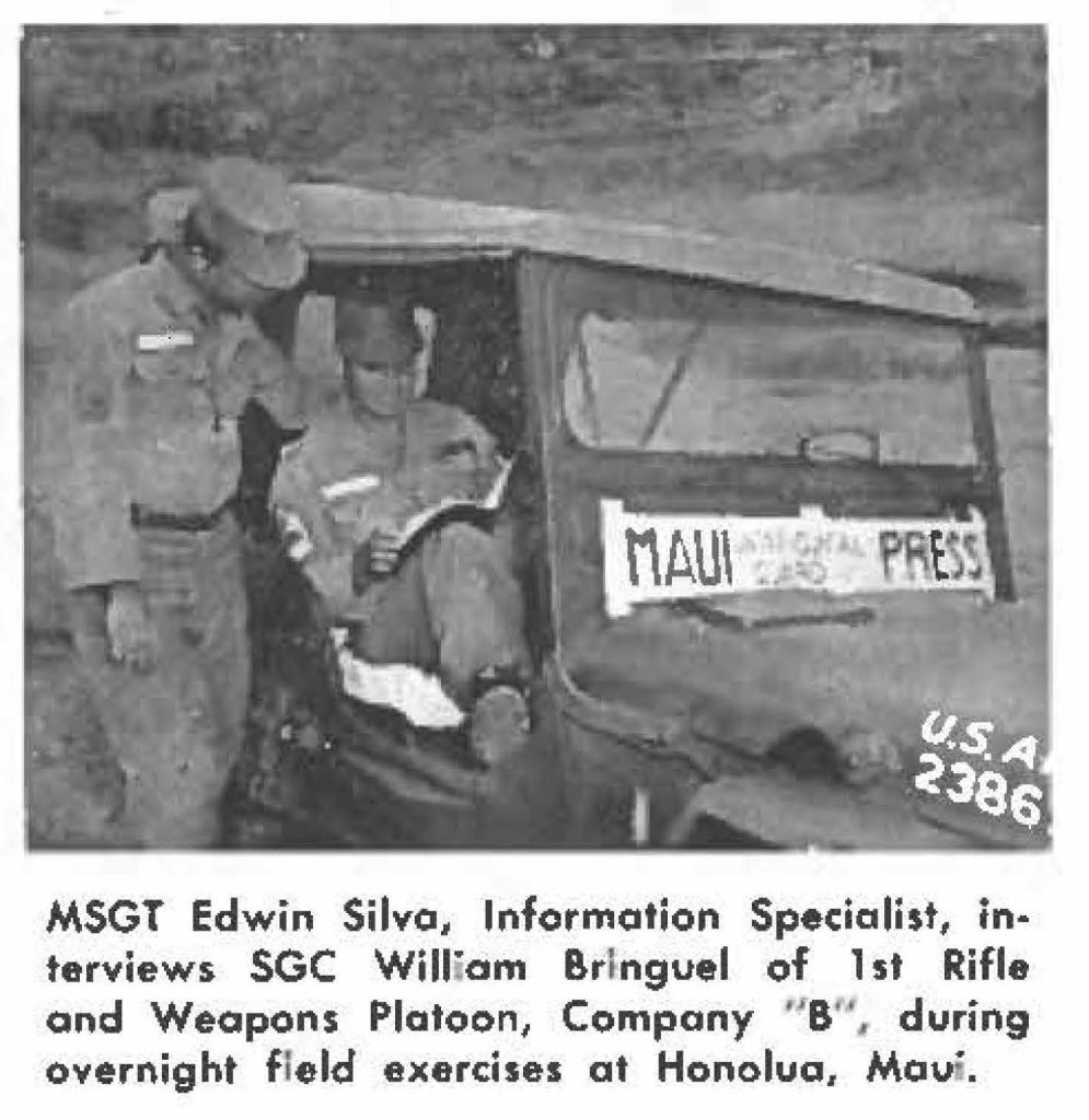 MSGT Edwin Silva, Information Specialist, interviews SGC William Bringuel of 1st Rifle and Weapons Platoon, Company ''B'', during overnight field exercises at Honolua, Maui