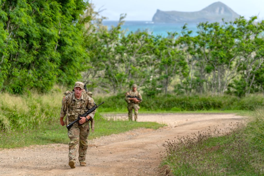 soldiers competed in the foot march event during the Hawai‘i Army National Guard (HIARNG) Best Warrior Competition in Waimanalo on March 6. (U.S. Army National Guard photos by Staff Sgt. John Schoebel)