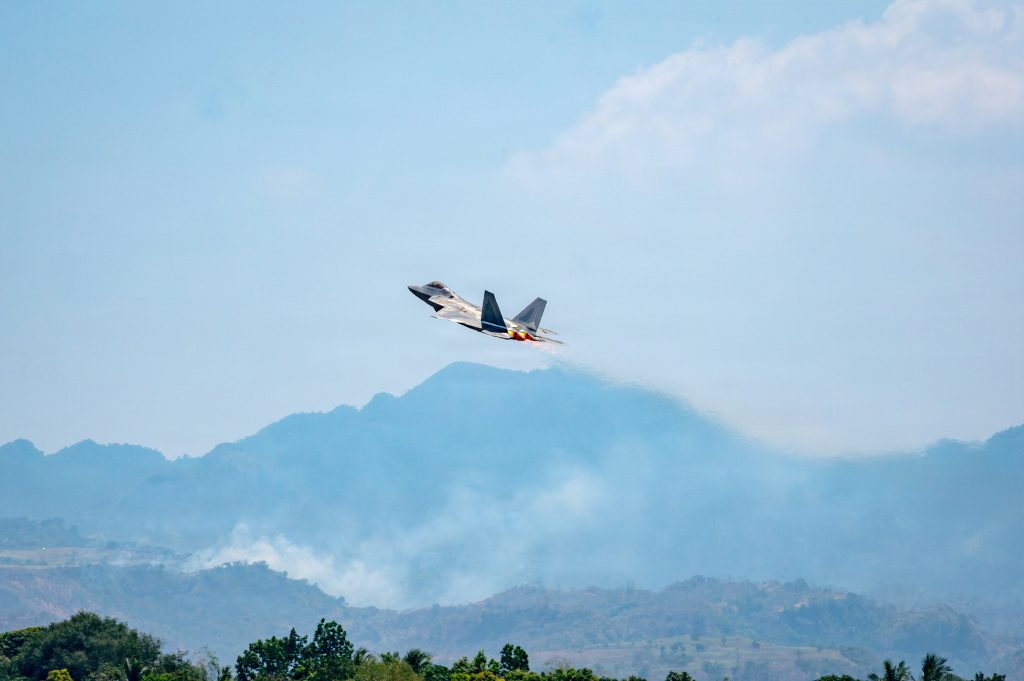 A U.S. Air Force F-22 Raptor from the 199th Air Expeditionary Squadron took off for a training sortie during Exercise Cope Thunder 26-1 at Basa Air Base, Philippines, on April 15, 2026. (U.S. Air National Guard photos by Senior Master Sgt. Mysti Bicoy)