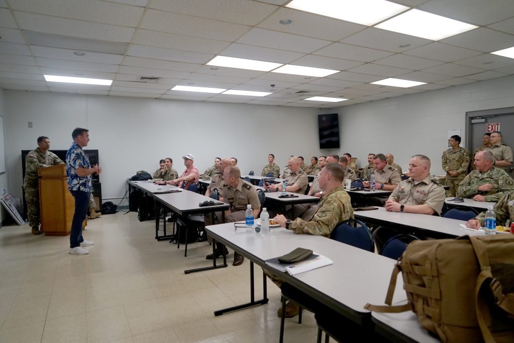 The Hawaiʻi Army National Guard (HIARNG) hosted the Army Aviation Association of America (AAAA) Aloha Chapter meeting at Army Aviation Support Facility 1, Wheeler Army Airfield on March 25. This marked the first time the HIARNG hosted, bringing together Army aviators from Active-Duty, National Guard and Reserve components for networking and updates on the organization’s initiatives. (U.S. Army National Guard photo by Rachel Blaire)