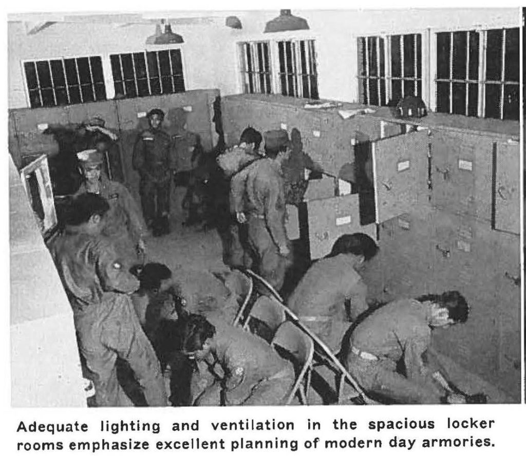 Adequate lighting and ventilation In the spacious locker rooms emphasize excellent planning of modern day armories.