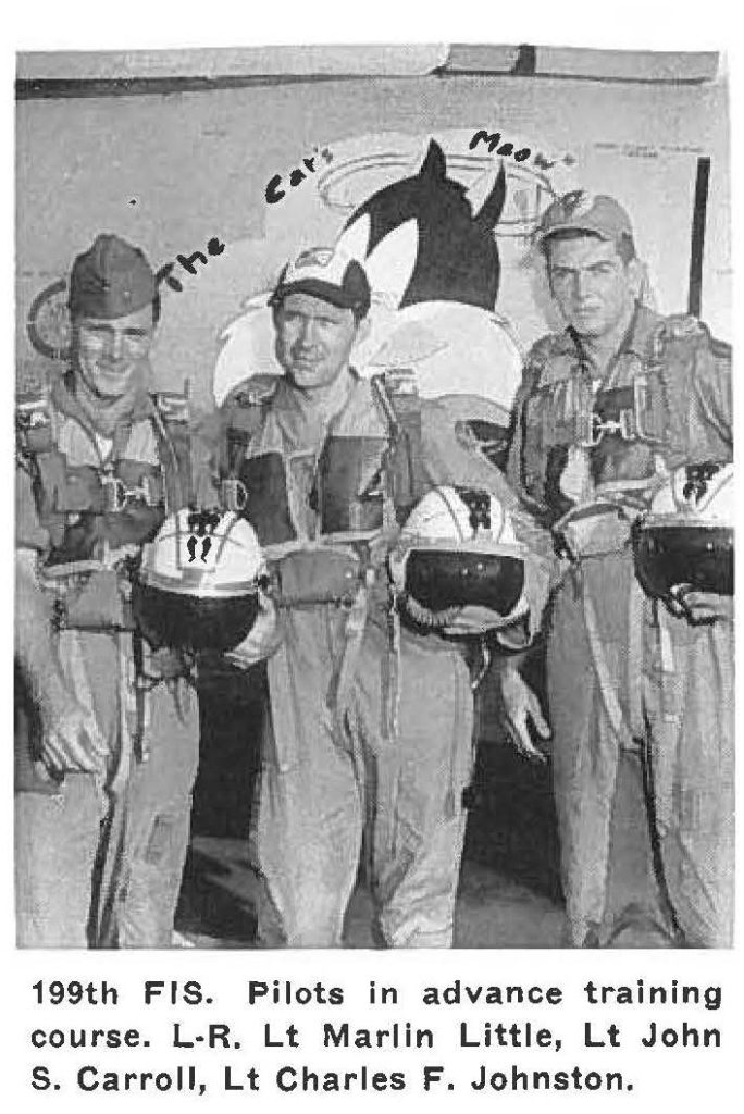 199th FIS. Pilots in advance training course. L-R. Lt Marl in Little, Lt John S. Carroll, Lt Charles F. Johnston.
