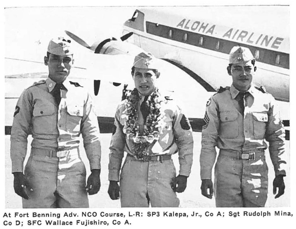 At Fort Benning Adv. NCO Course, L-R: SP3 Kalepa, Jr., Co A; Sgt Rudolph Mina, Co O; SFC Wallace Fujishiro, Co A