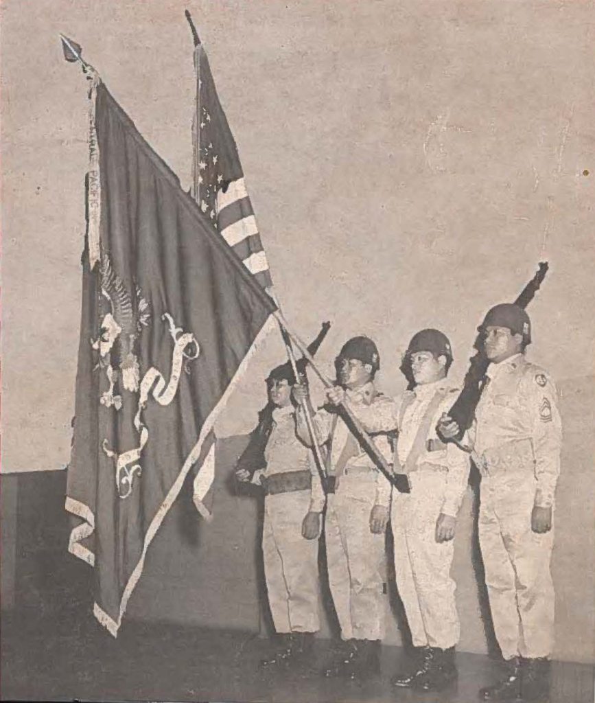 Colors of the 299th Regimental Combat Team. Units of the 299th RCT are located on Hawaii, Maui, Kauai and Molokai. Left to Right: M/Sgt Mltsuo Hasegawa, M/Sgt Kenneth K. Koizumi, SFC Shozo Taketa and M/Sgt Flordelino A. Miguel. Alt are members of Hq &. Hq Co 299th Inf.