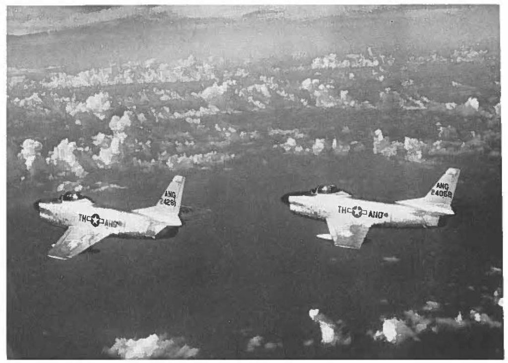 Bad news for "strangers" and good
news for troubled pilots are these
rocket-armed, all-weather Guard jets.
They can be airborne within 4 minutes.