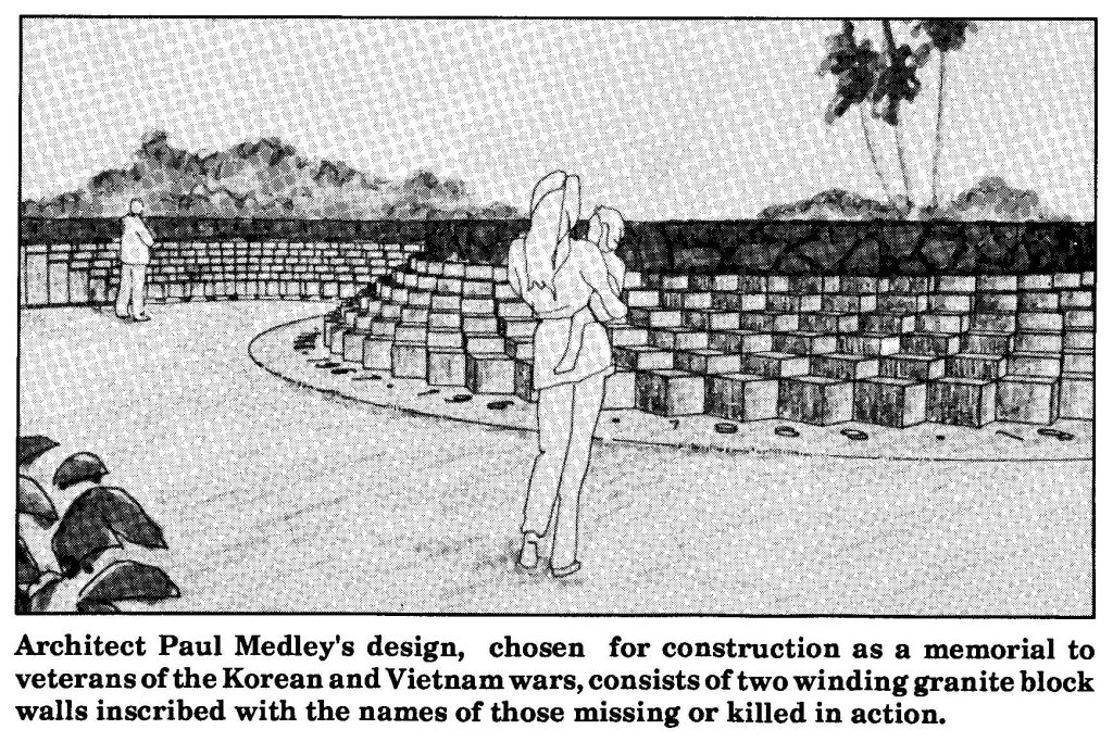 Architect Paul Medley's design, chosen for construction as a memorial to veterans of the Korean and Vietnam wars, consists of two winding granite block walls inscribed with the names of those missing or killed in action.