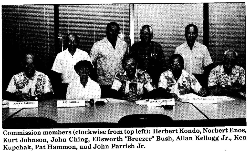 Commission members (clockwise from top left): Herbert Kondo, Norbert Enos, Kurt Johnson, John Ching, Ellsworth "Breezer" Bush, Allan Kellogg Jr., Ken Kupchak, Pat Hammon, and John Parrish Jr