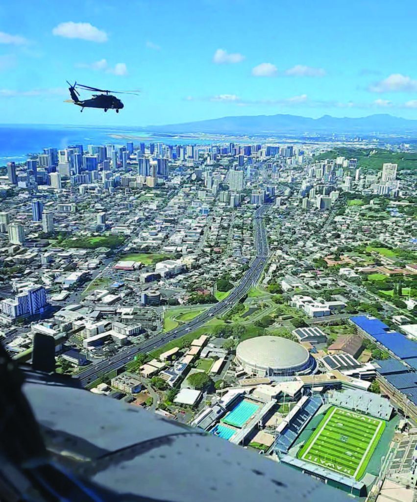As a committed community support partner, the Hawai‘i National Guard executes numerous community support activities. A flyover was conducted at the University of Hawai‘i Football homecoming game on Nov. 30, 2024. – Hawai‘i National Guard photo