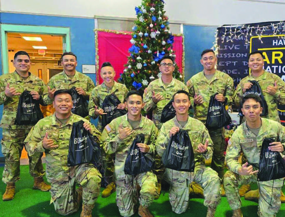 The Yellow Ribbon Reintegration Program distributed 105 goody bags to soldiers in December 2024. Above, Maui soldiers posed for a photo with the goody bags from USO Hawai‘i. – Hawai‘i National Guard photo by Sgt. 1st Class Jim Evangelista