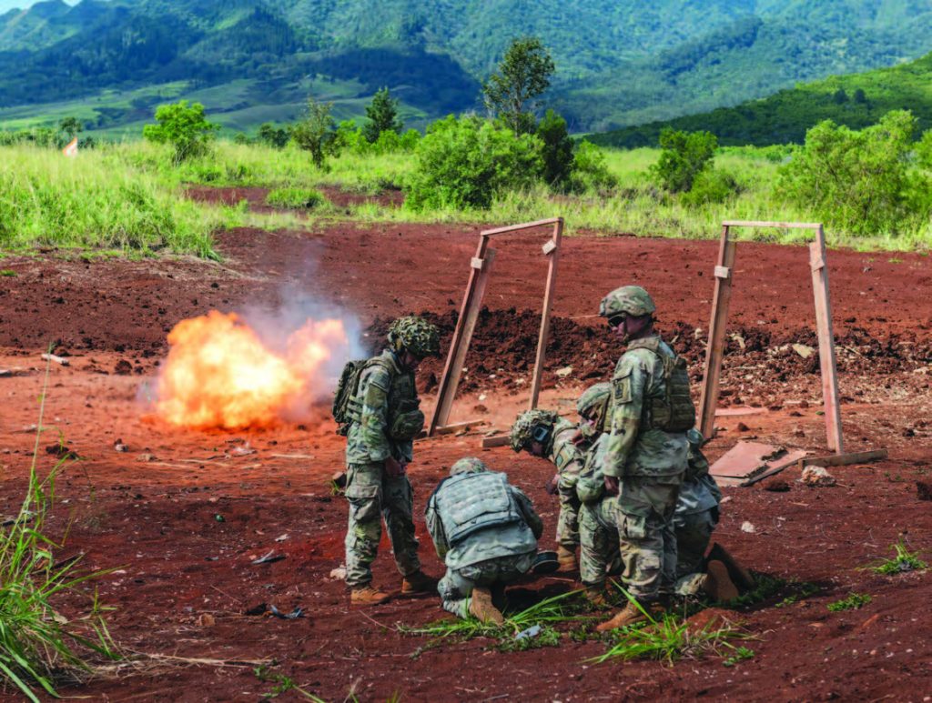 Combat engineers from the āAlpha Company, 227th Brigade Engineer Battalion detonated a breaching charge at Schofield Barracks in March 2025. HIARNG’s engineers trained alongside Army Reserve Soldiers on demolitions and different explosive charge assembly and breaching methods. – Hawai‘i National Guard photo by Staff Sgt. John Schoebel