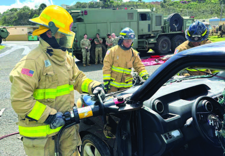The 297th Engineer Detachment, Firefighting Team performed Aircraft Rescue Firefighting training with State Crash Rescue, Maui. – Hawai‘i National Guard photo