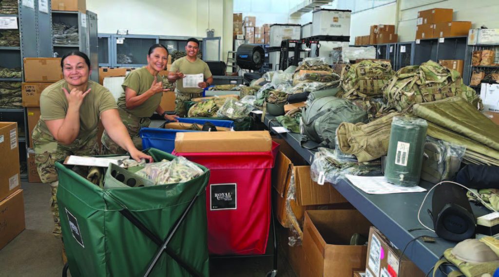 Sgt. Janique Malenky, left, Sgt. Rosana Siquig and Sgt. Mark Fiesta supported the U.S. Property and Fiscal Office, completing required annual inventories during annual training. – Photos courtesy Wilanie Quiocho
