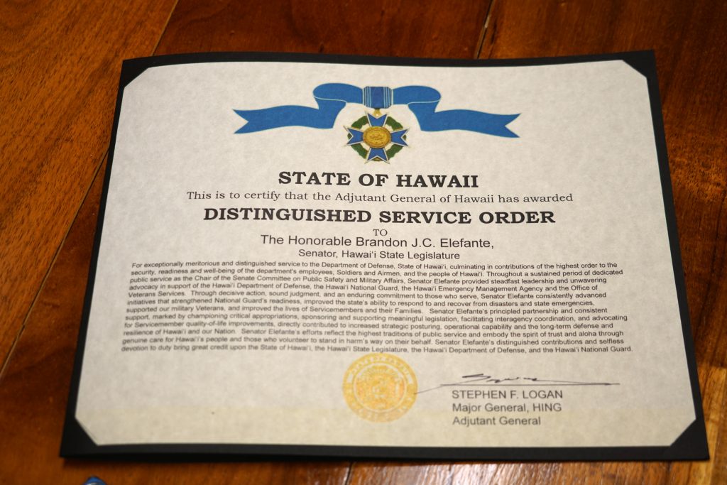Sen. Elefante recognized by Hawai‘i Department of Defense