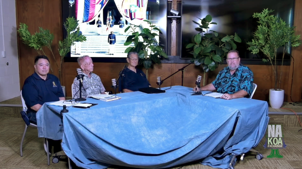 Franklin Ho, a Royal Guard Guardsman (1980s–2010s), left, Dr. Nikcholaus Schweitzer of the University of Hawaiʻi at Mānoa and Randy Lum, one of the earliest members of the Royal Guard, joined Na Koa Exchange host retired Maj. Jeff Hickam for a talk story session about the Hawai’i Royal Guard. (Photo by retired Master Sgt. Andrew Jackson, State of Hawai‘i Department of Defense Public Affairs)