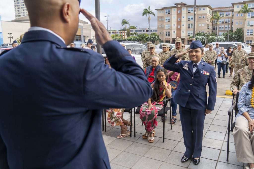 Tech. Sgt. Breyhanna Magusara, Hawai‘i Air National Guard recruiter, offered the symbolic first salute to newly appointed Headquarters Hawai‘i Air National Guard commander, Lt. Col. Michael Buendia during the unit’s activation ceremony held at Pearl Highlands Center in Pearl City on Aug. 1. (U.S. Air National Guard photo by Tech. Sgt. Orlando Corpuz)