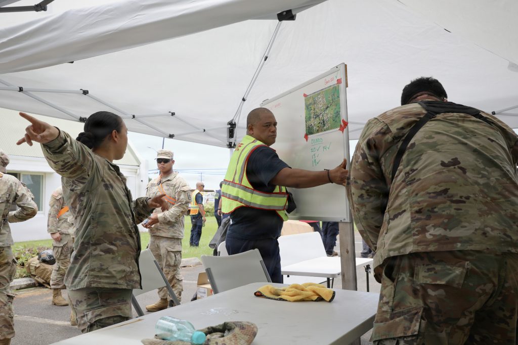 The Hawaii National Guard alongside first responders set up an area of operations in the Ka’u District, Hawaii, Aug. 19, 2026. Current operations in support of Hurricane Lala include, high water vehicle rescues, evacuations from flood-affected areas, door-to-door wellness checks in flood-affected areas and debris removal. The HING remains ready to support any further requests from the county EOC. (U.S. Army National Guard photo by Spc. Daniel Barcenas)